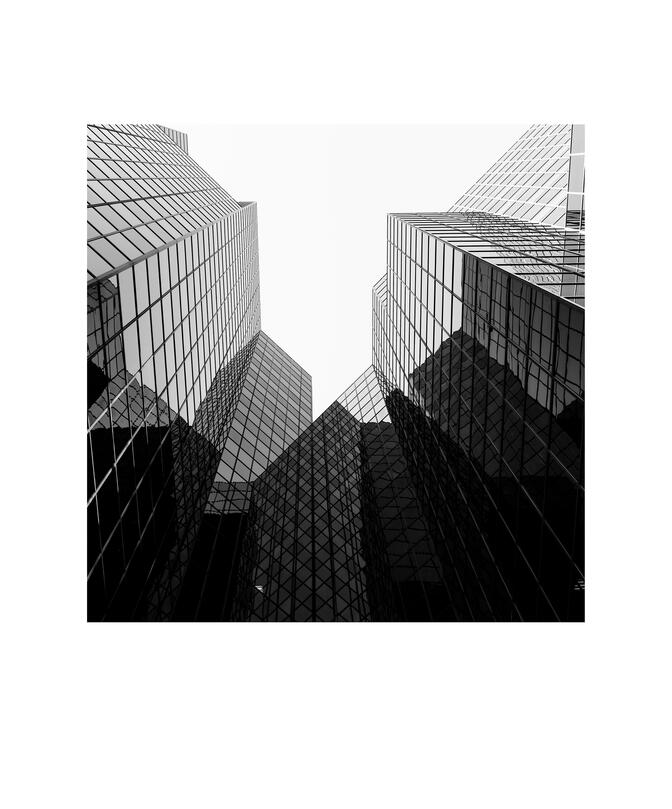 Black and white photograph by Bradley Cummings titled LOOKING UP #0074, Montreal, 2018